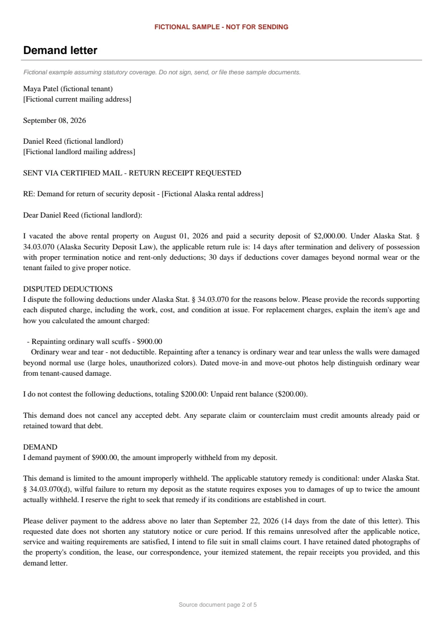 Alaska sample demand letter. An excerpt is transcribed below.