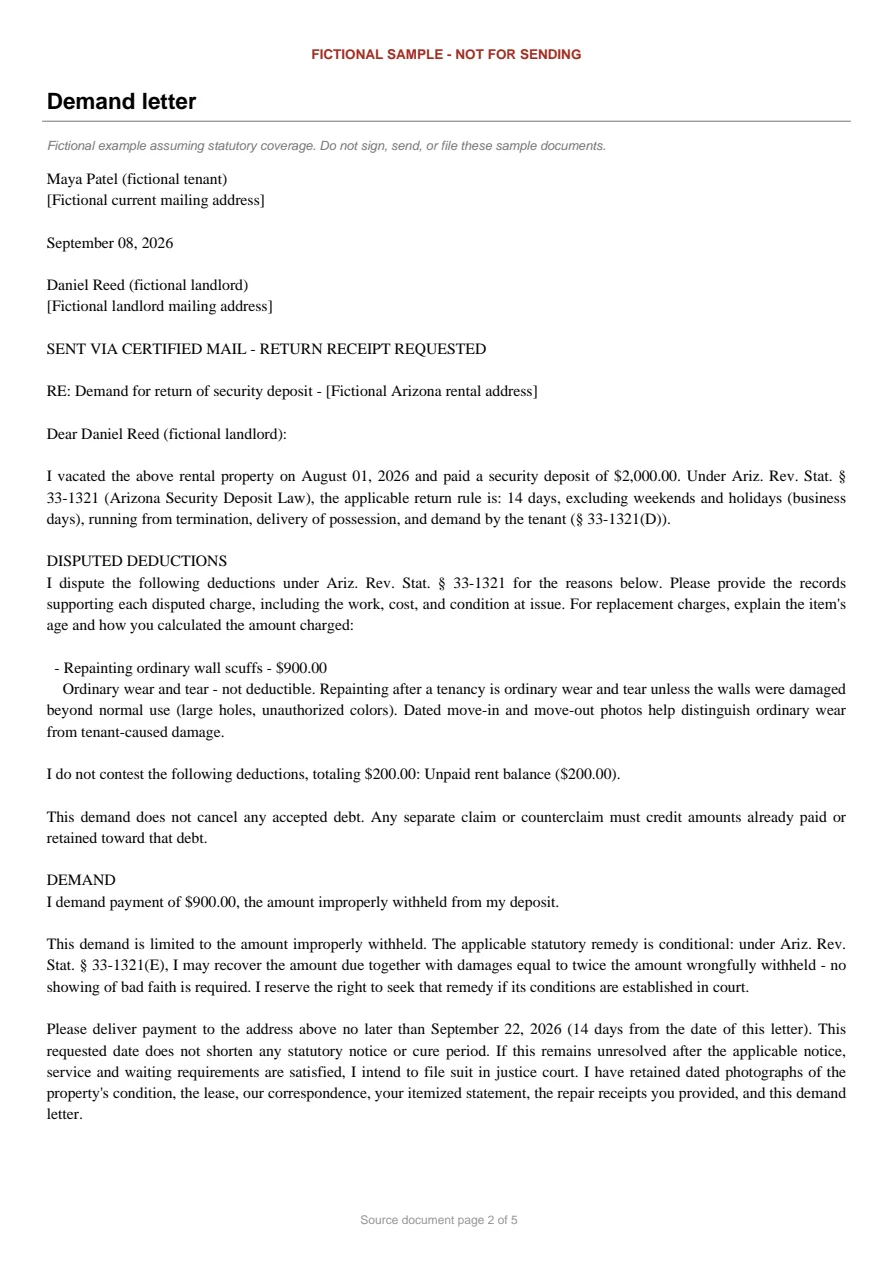 Arizona sample demand letter. An excerpt is transcribed below.