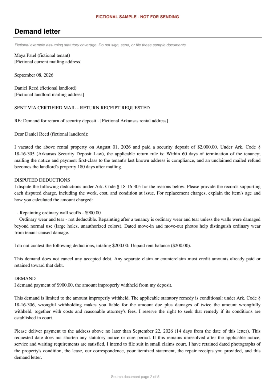 Arkansas sample demand letter. An excerpt is transcribed below.
