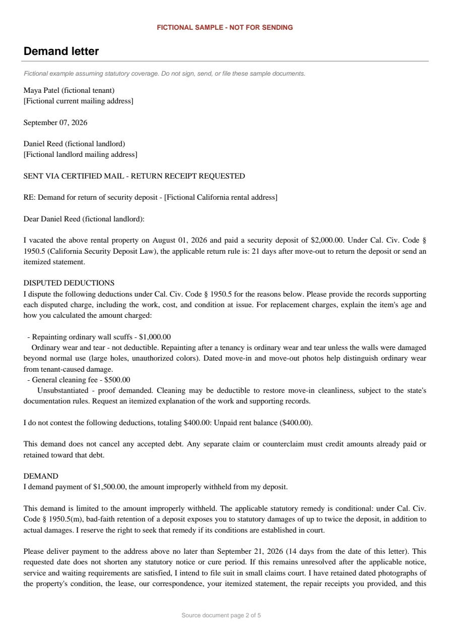 California sample demand letter. An excerpt is transcribed below.