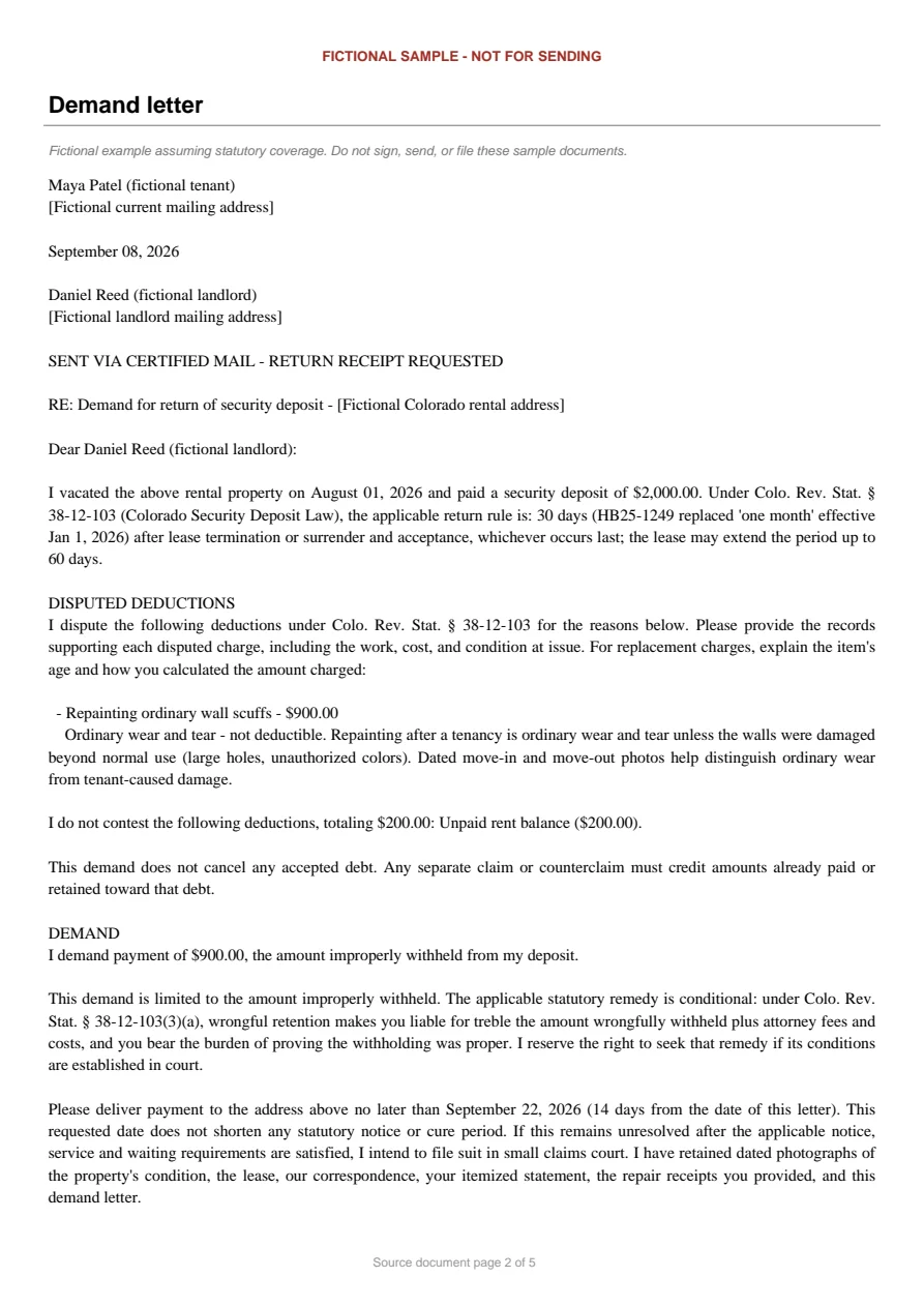 Colorado sample demand letter. An excerpt is transcribed below.
