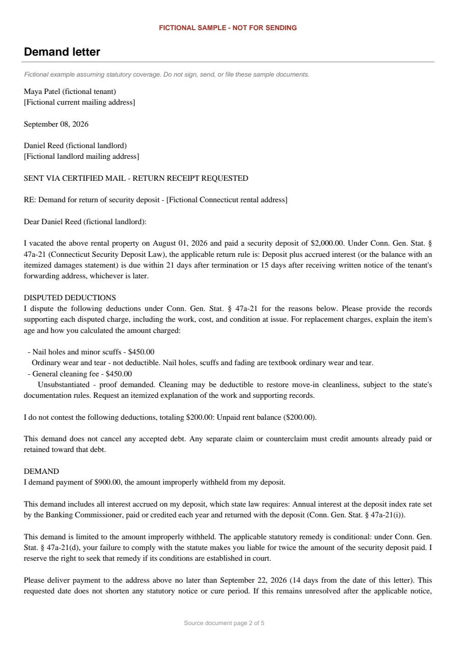 Connecticut sample demand letter. An excerpt is transcribed below.