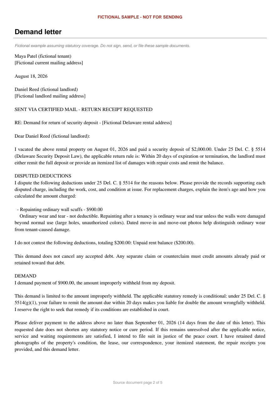 Delaware sample demand letter. An excerpt is transcribed below.