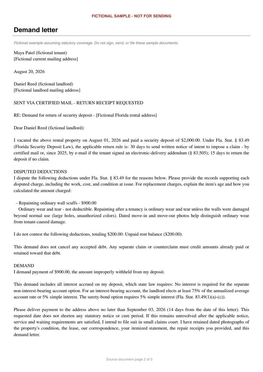 Florida sample demand letter. An excerpt is transcribed below.