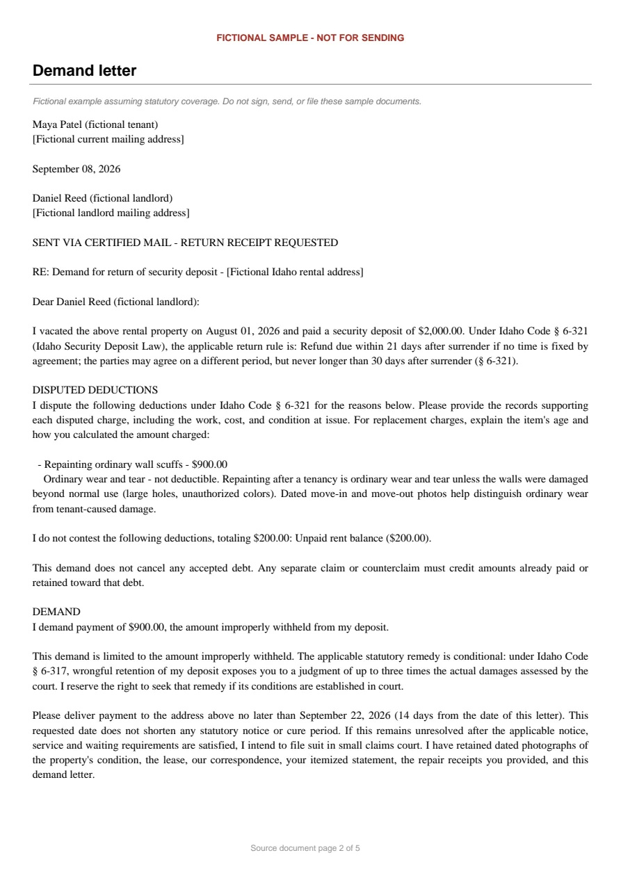 Idaho sample demand letter. An excerpt is transcribed below.