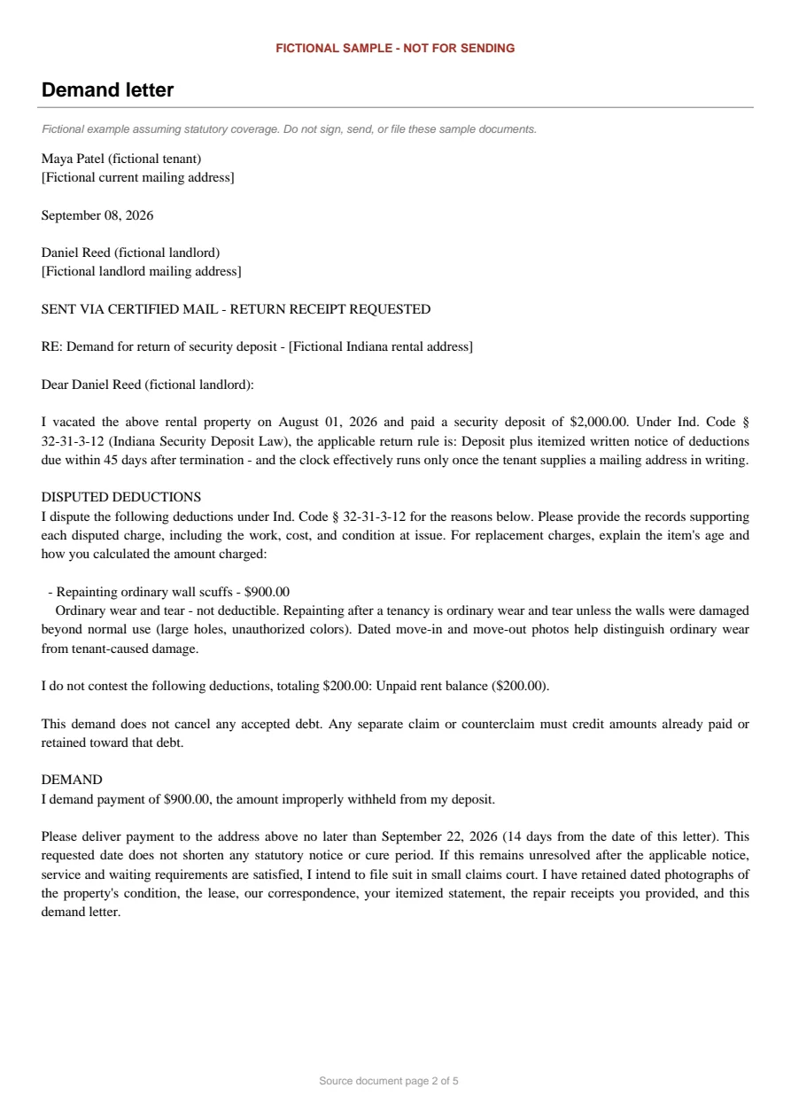 Indiana sample demand letter. An excerpt is transcribed below.