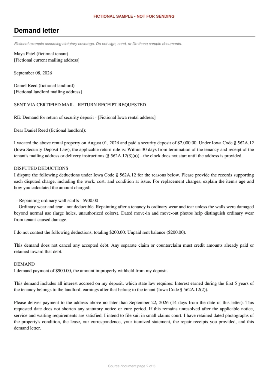 Iowa sample demand letter. An excerpt is transcribed below.
