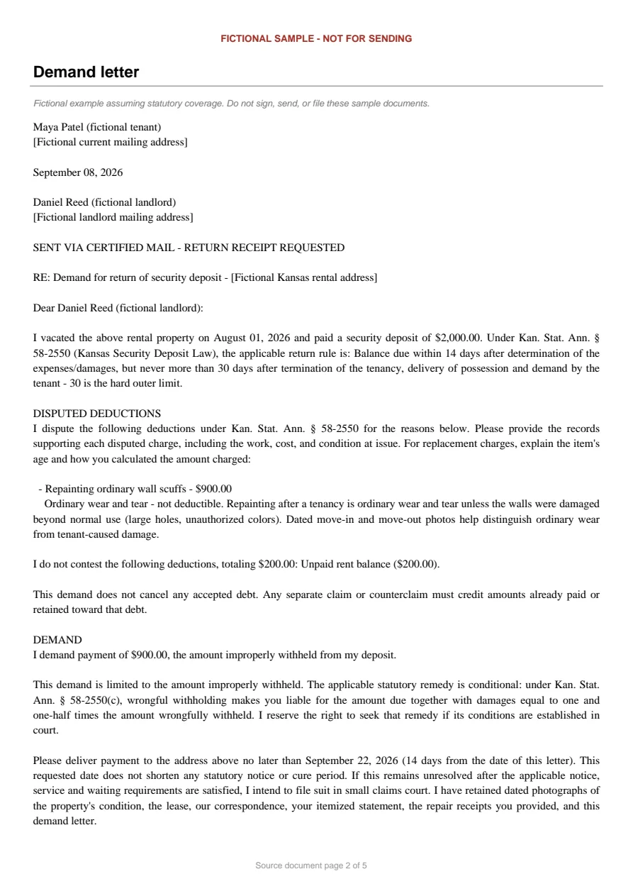 Kansas sample demand letter. An excerpt is transcribed below.