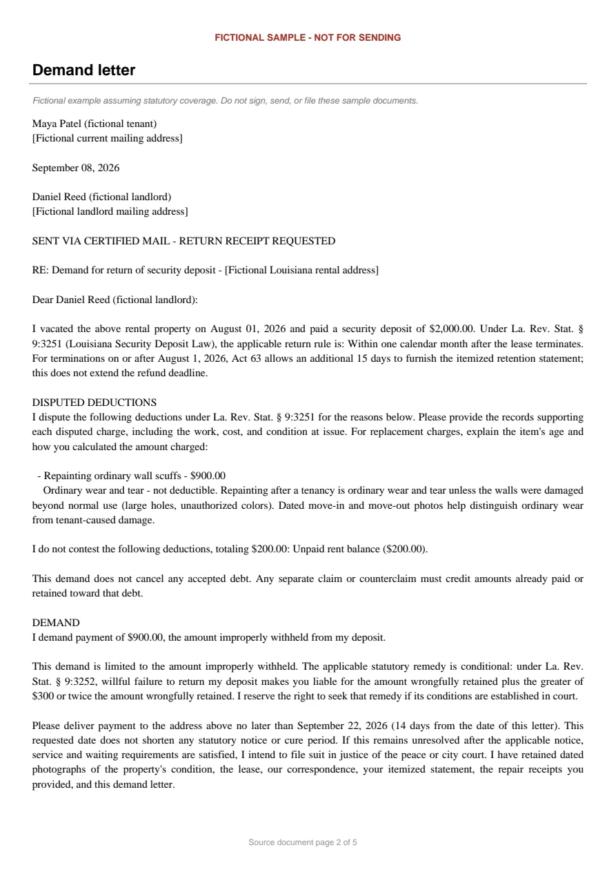 Louisiana sample demand letter. An excerpt is transcribed below.