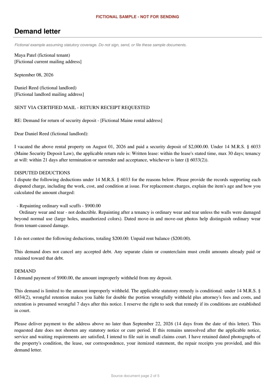 Maine sample demand letter. An excerpt is transcribed below.