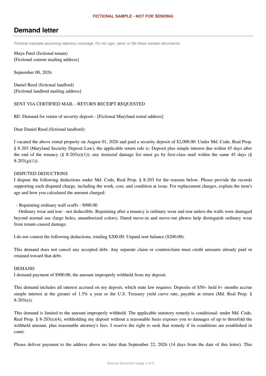 Maryland sample demand letter. An excerpt is transcribed below.
