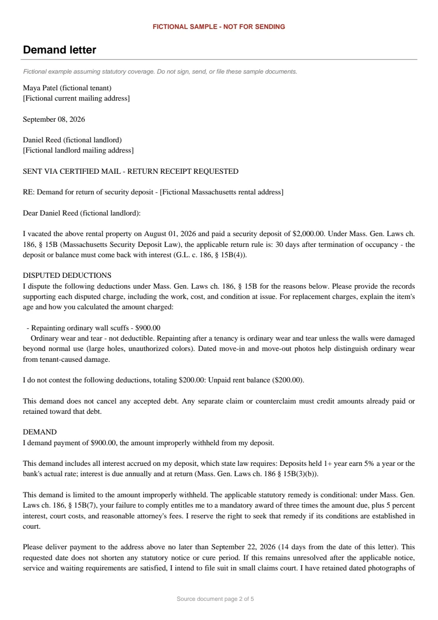 Massachusetts sample demand letter. An excerpt is transcribed below.