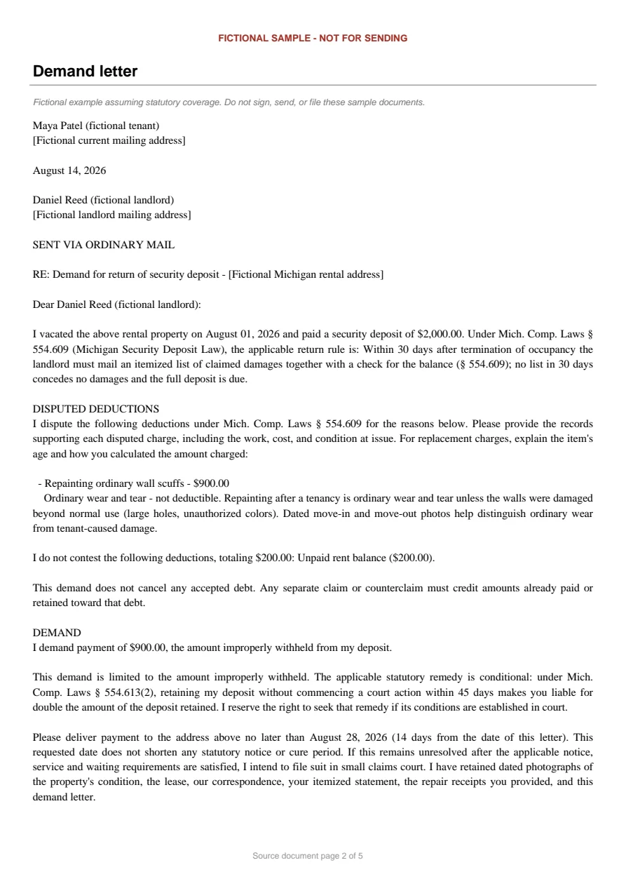 Michigan sample demand letter. An excerpt is transcribed below.