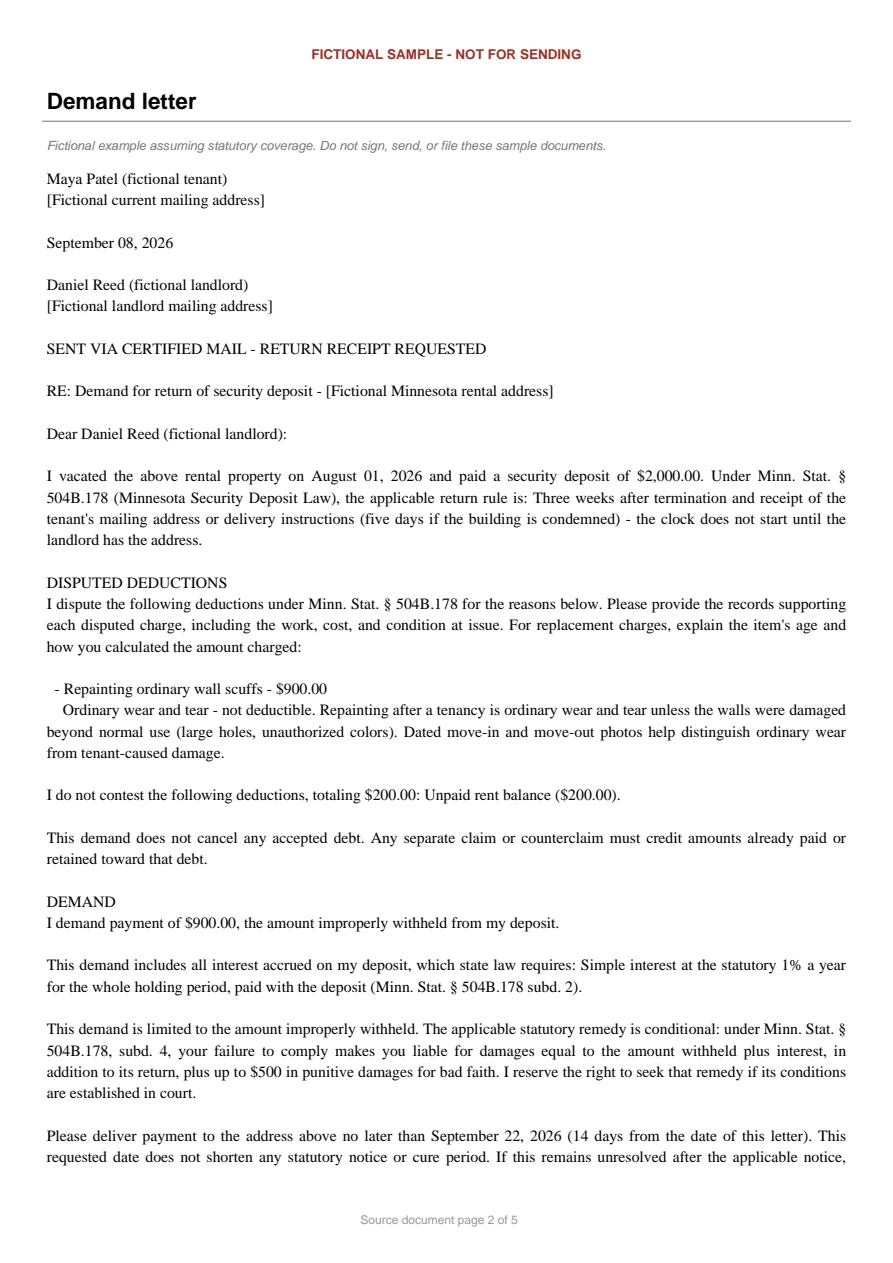 Minnesota sample demand letter. An excerpt is transcribed below.