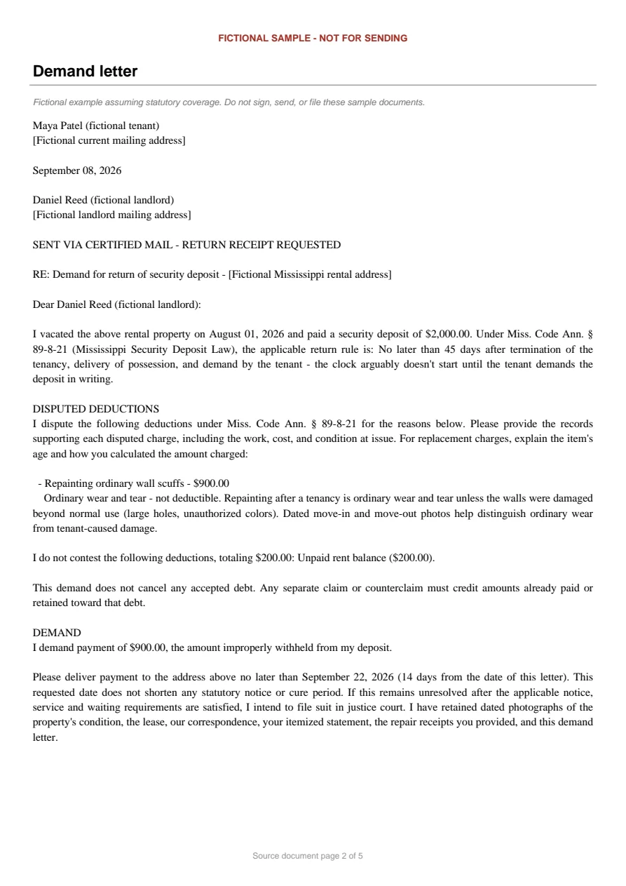 Mississippi sample demand letter. An excerpt is transcribed below.