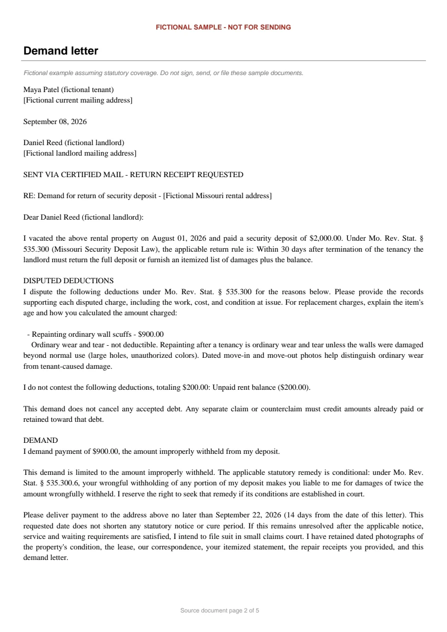 Missouri sample demand letter. An excerpt is transcribed below.