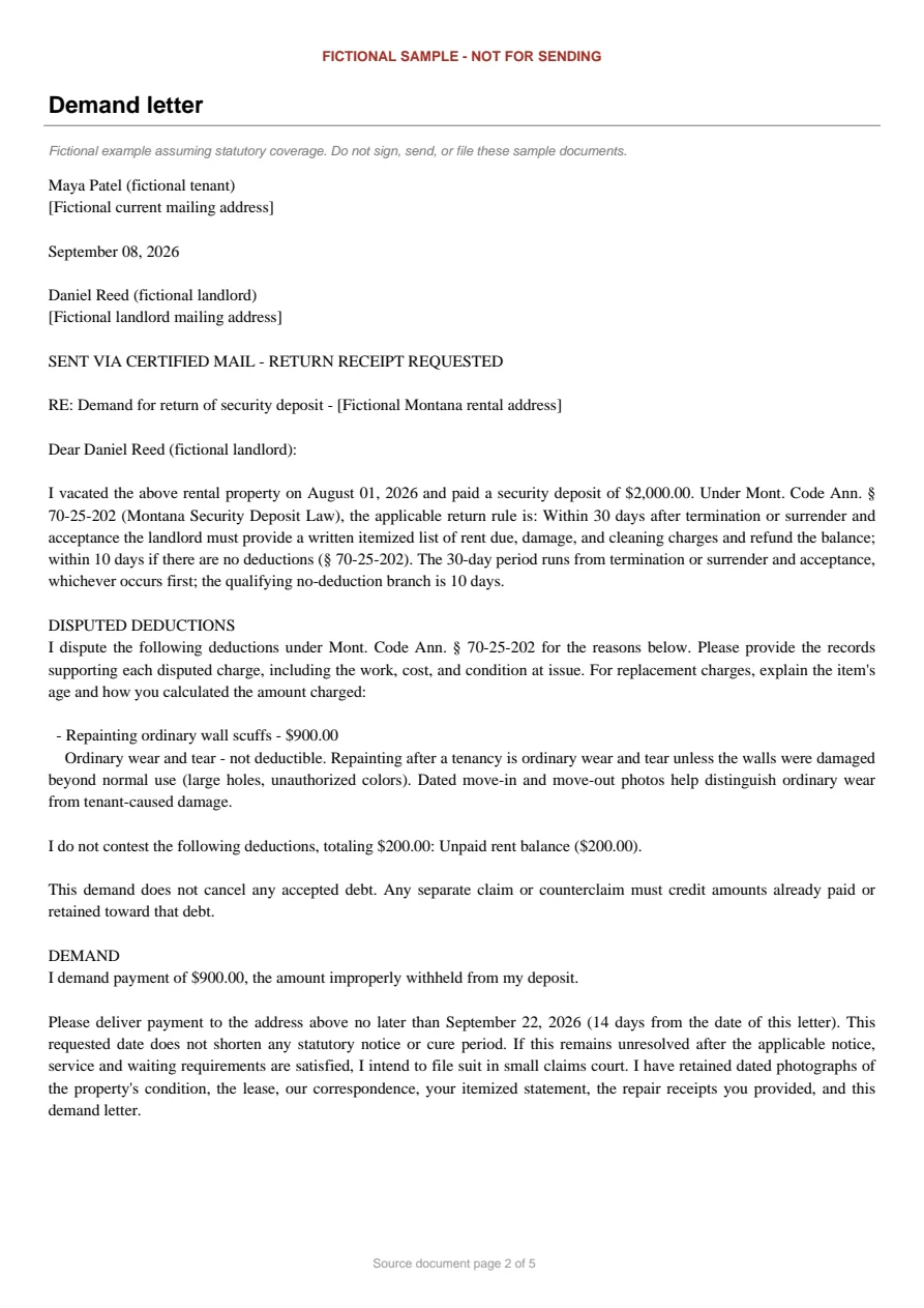 Montana sample demand letter. An excerpt is transcribed below.
