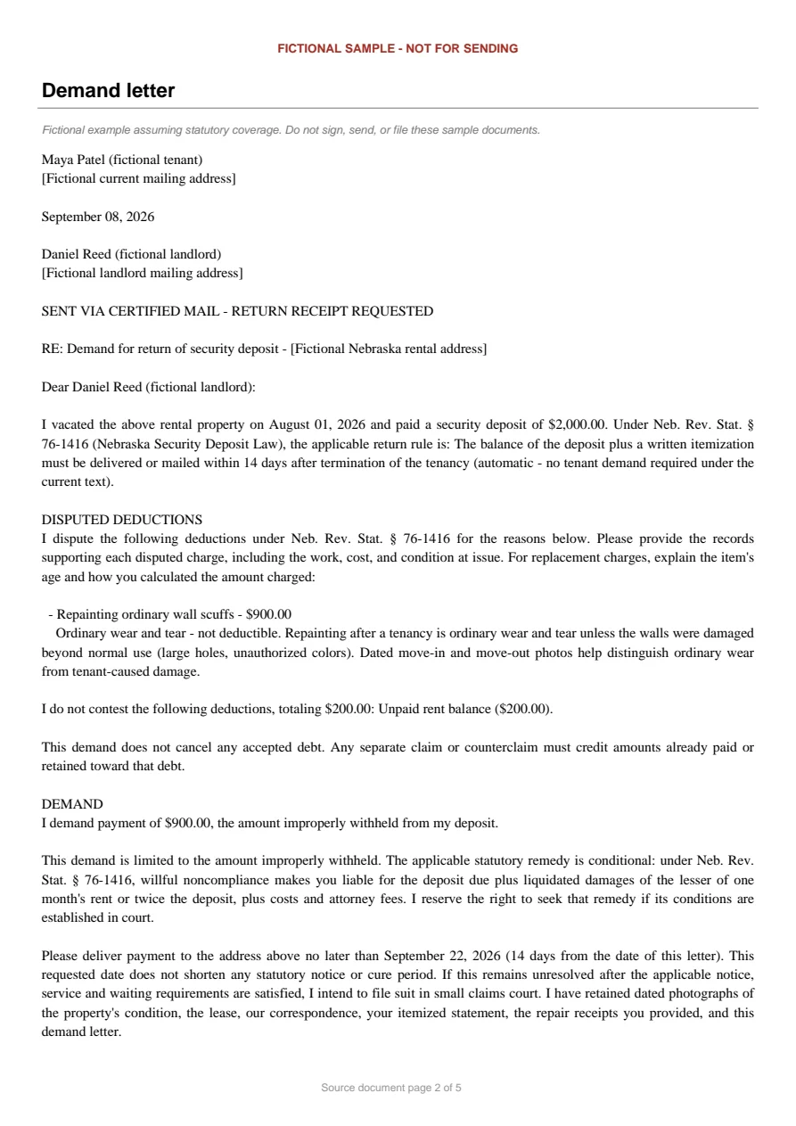 Nebraska sample demand letter. An excerpt is transcribed below.