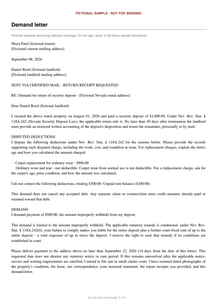 Nevada sample demand letter. An excerpt is transcribed below.