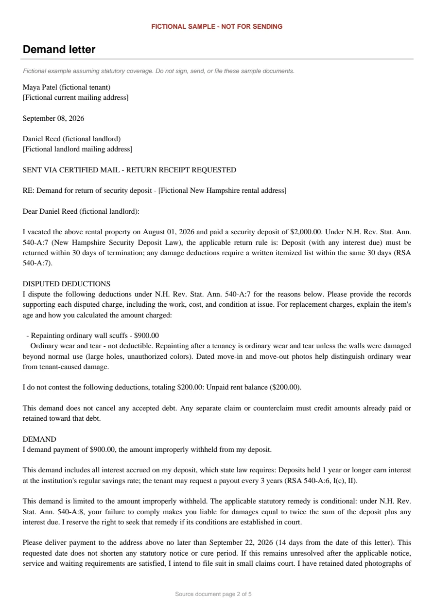 New Hampshire sample demand letter. An excerpt is transcribed below.