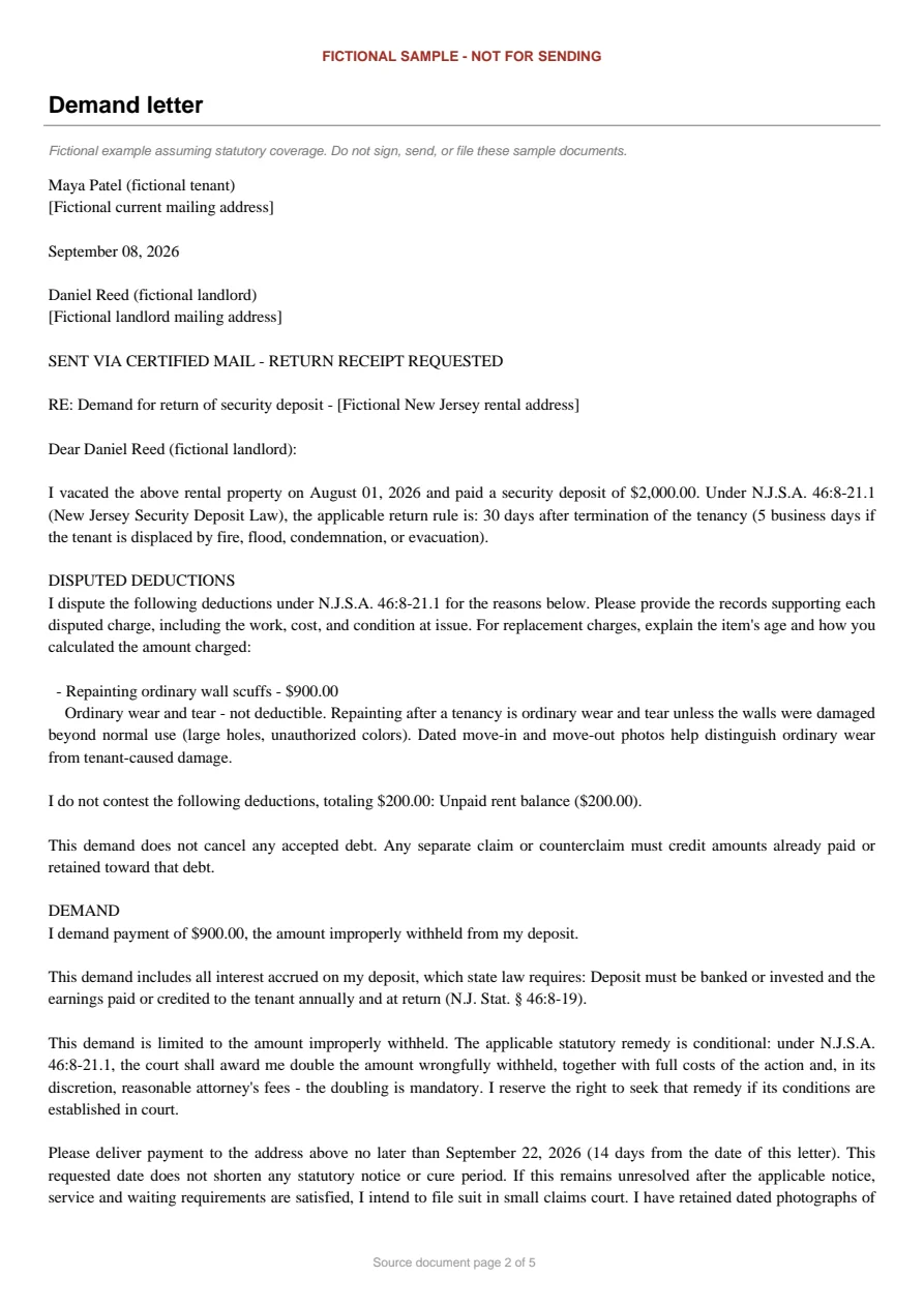 New Jersey sample demand letter. An excerpt is transcribed below.