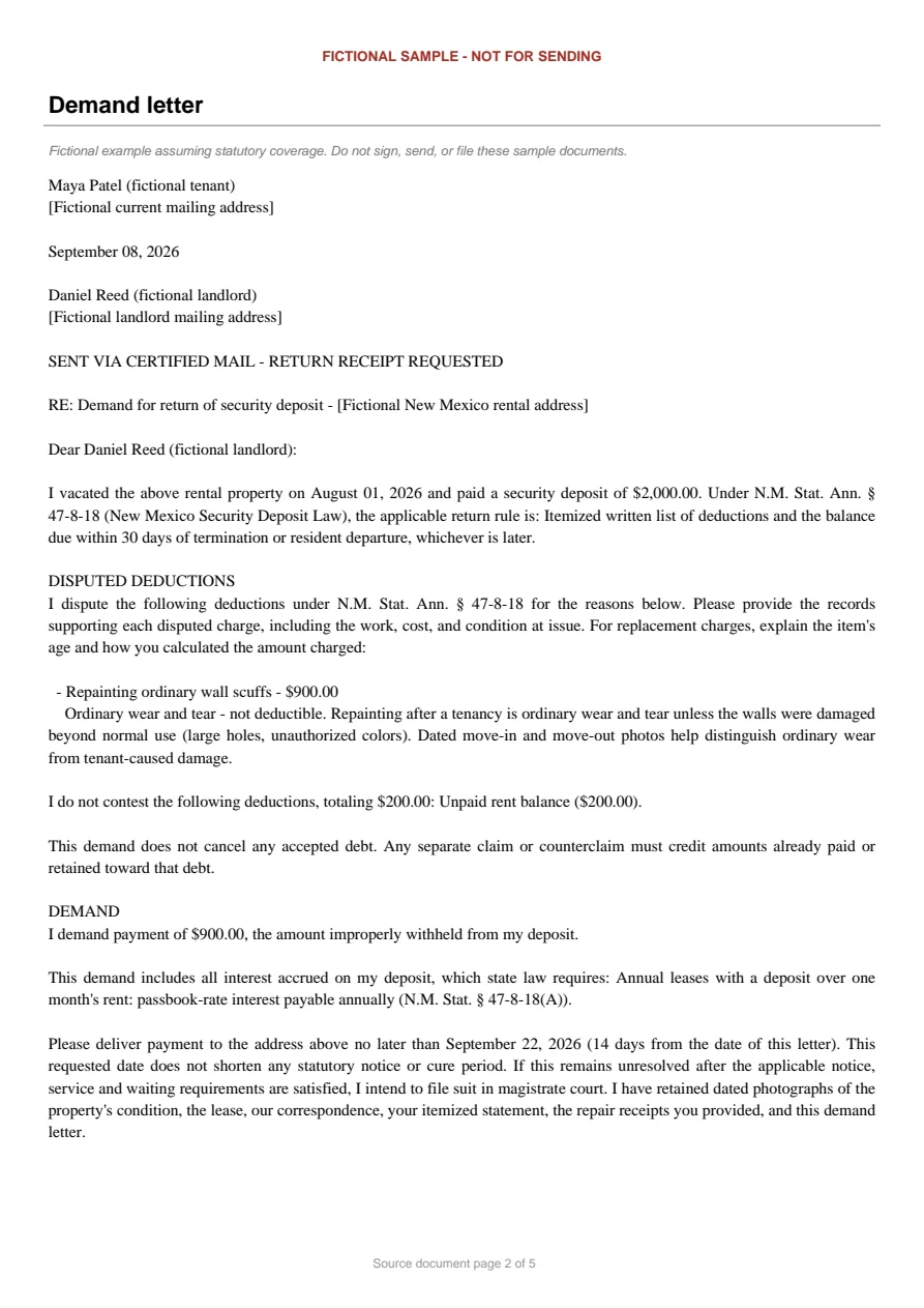New Mexico sample demand letter. An excerpt is transcribed below.