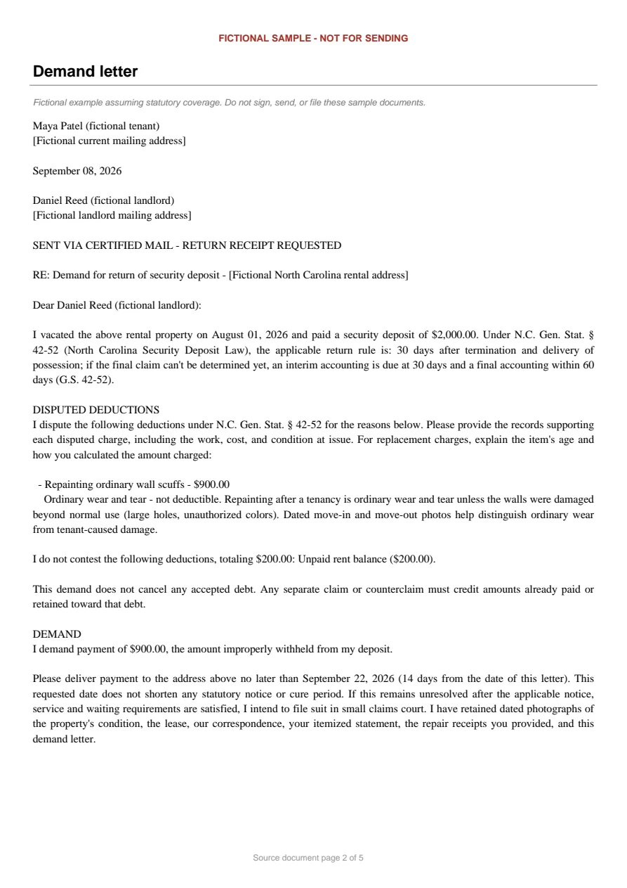 North Carolina sample demand letter. An excerpt is transcribed below.