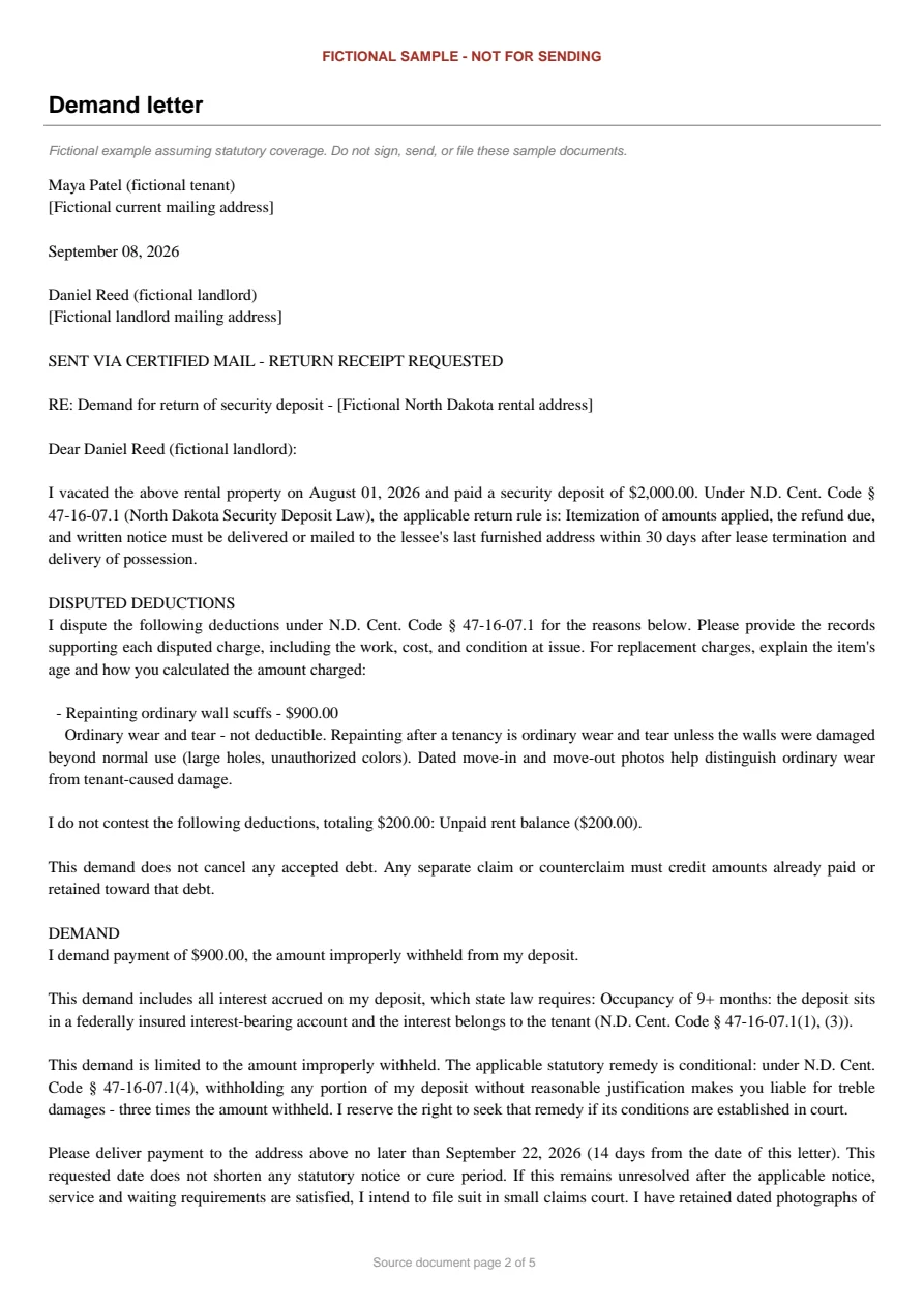 North Dakota sample demand letter. An excerpt is transcribed below.