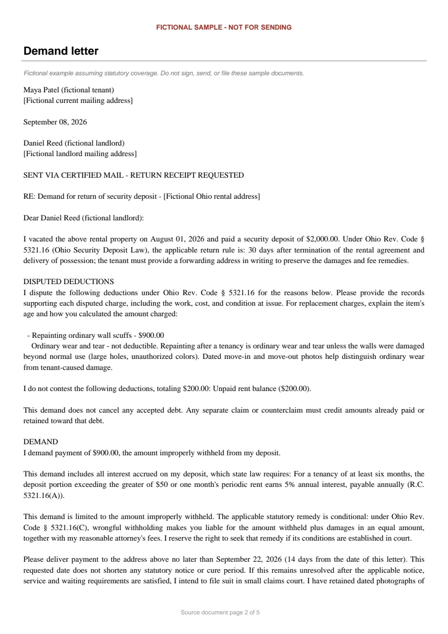 Ohio sample demand letter. An excerpt is transcribed below.