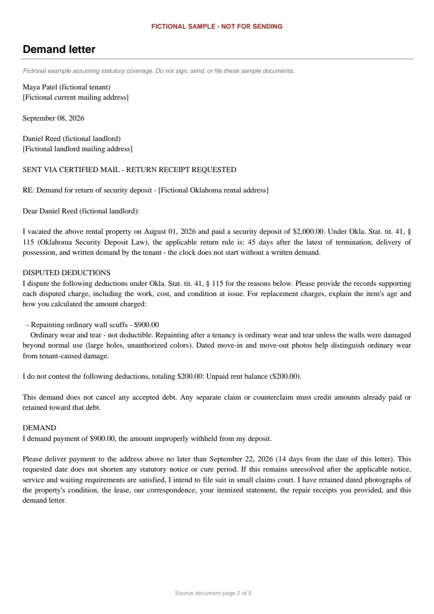 Oklahoma sample demand letter. An excerpt is transcribed below.