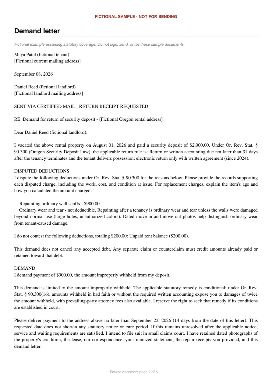 Oregon sample demand letter. An excerpt is transcribed below.