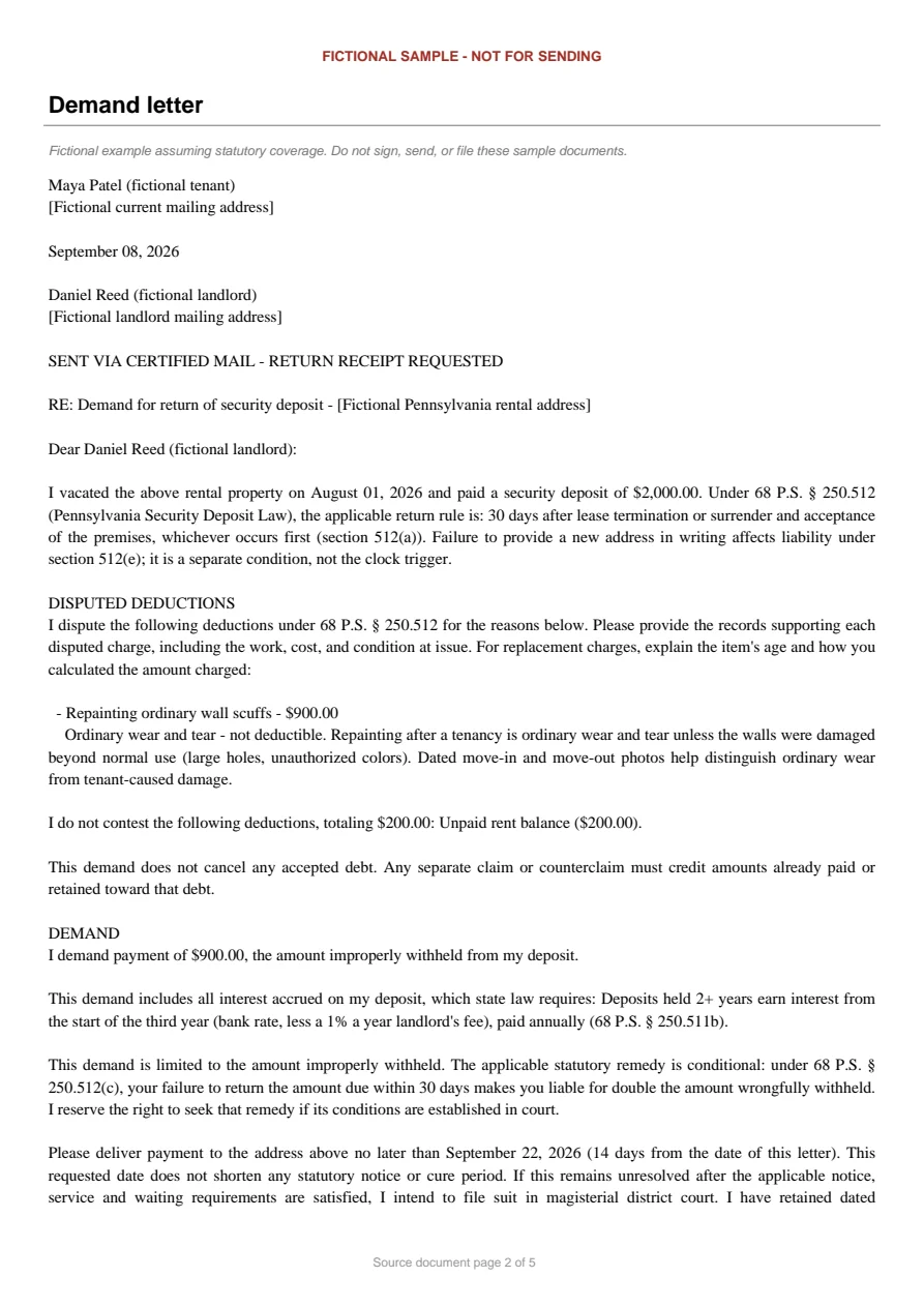 Pennsylvania sample demand letter. An excerpt is transcribed below.