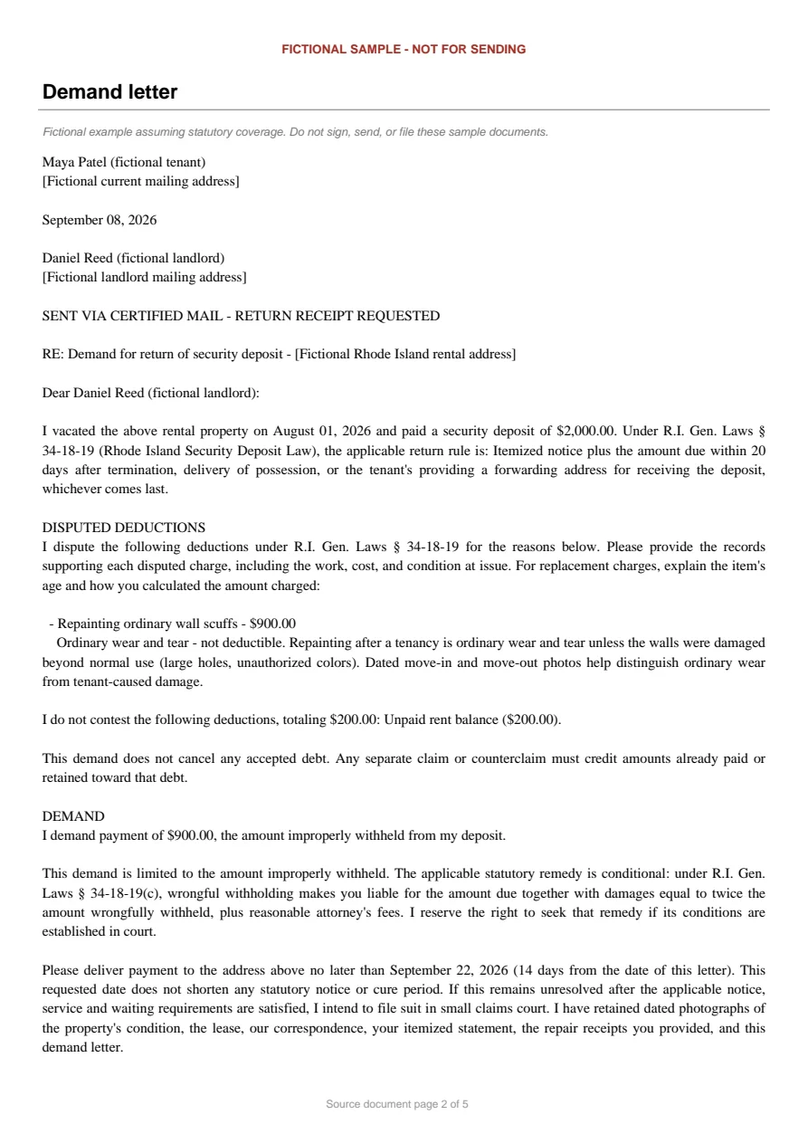 Rhode Island sample demand letter. An excerpt is transcribed below.