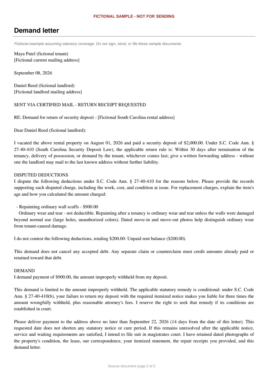 South Carolina sample demand letter. An excerpt is transcribed below.