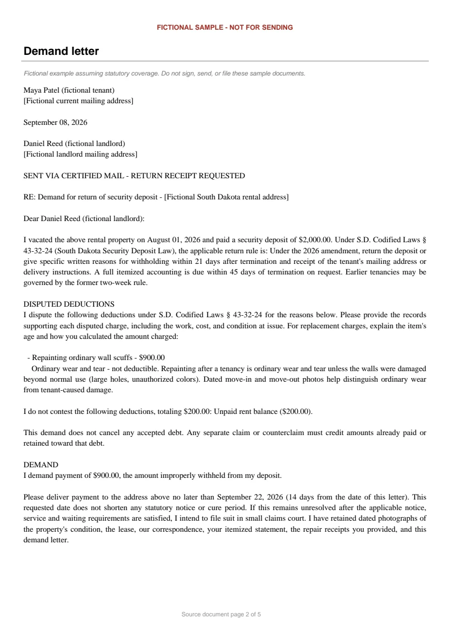 South Dakota sample demand letter. An excerpt is transcribed below.