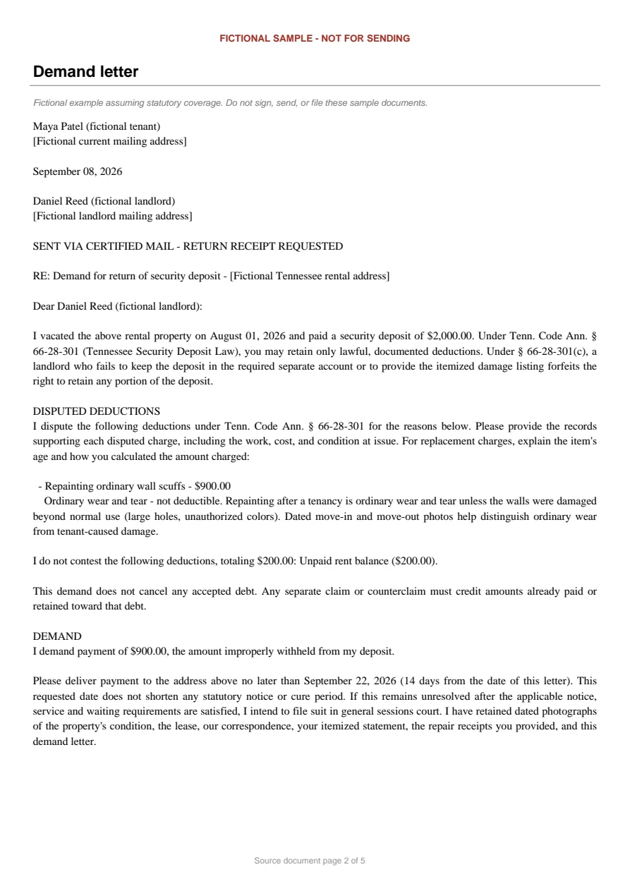 Tennessee sample demand letter. An excerpt is transcribed below.