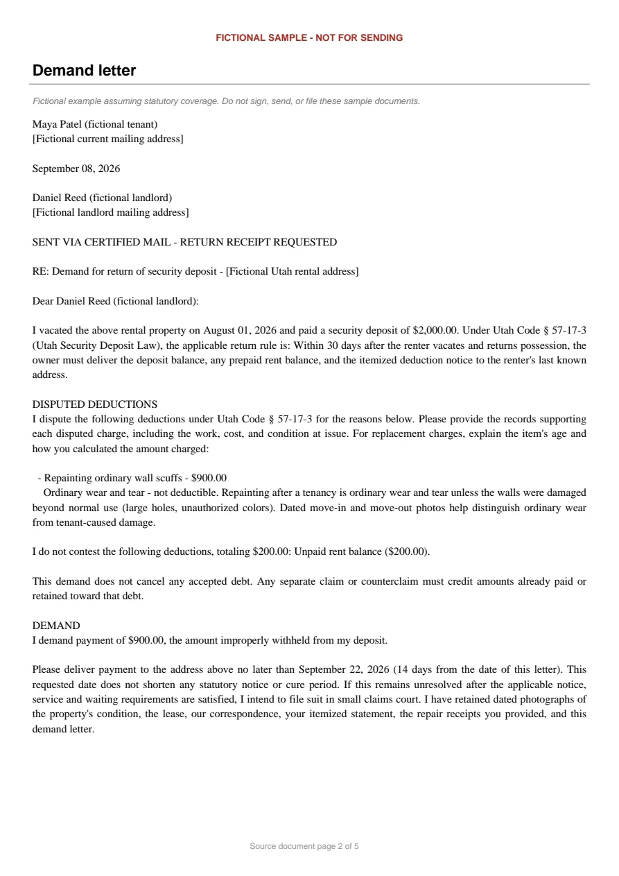 Utah sample demand letter. An excerpt is transcribed below.