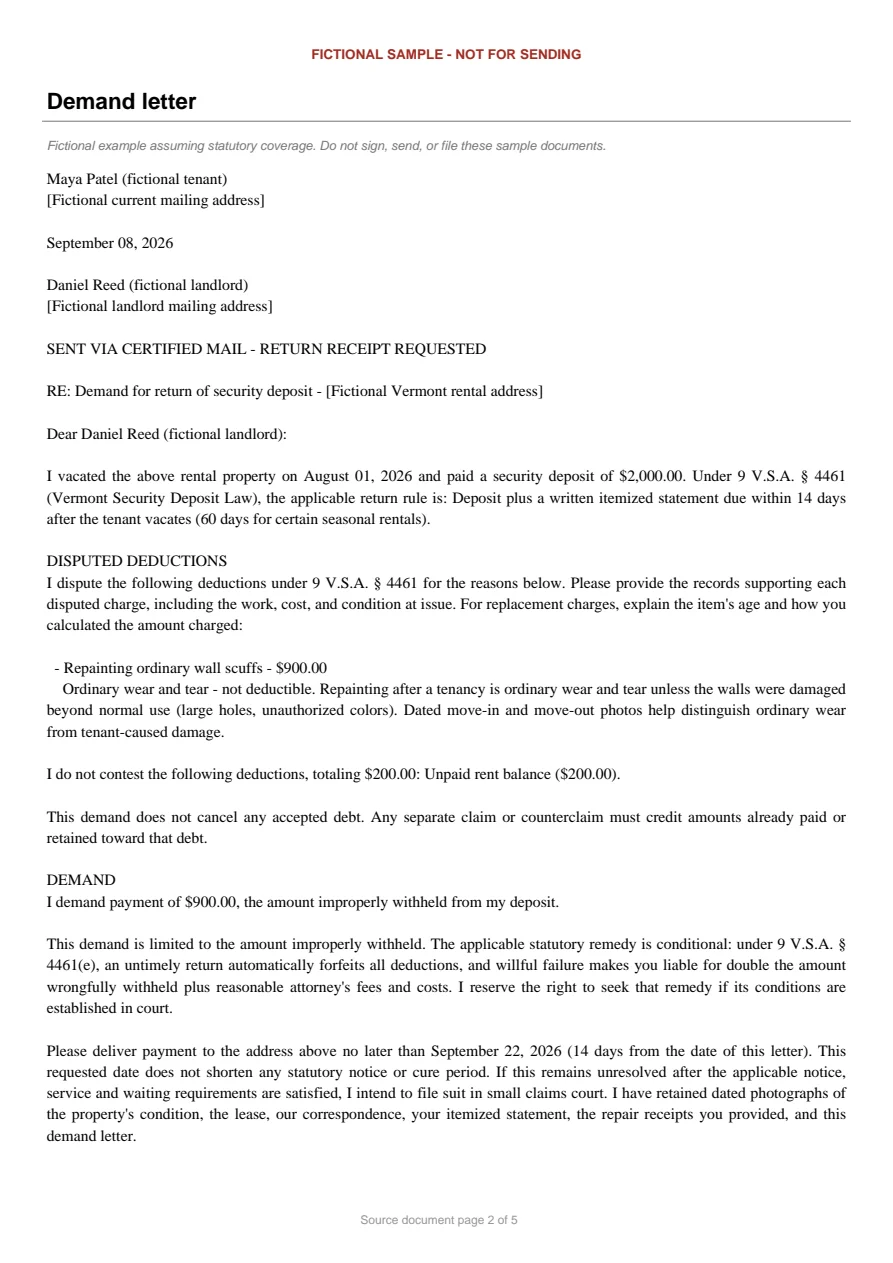 Vermont sample demand letter. An excerpt is transcribed below.