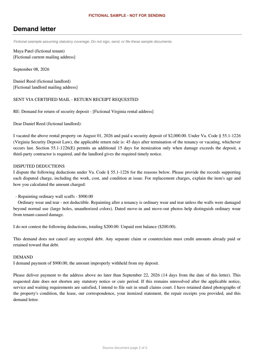 Virginia sample demand letter. An excerpt is transcribed below.