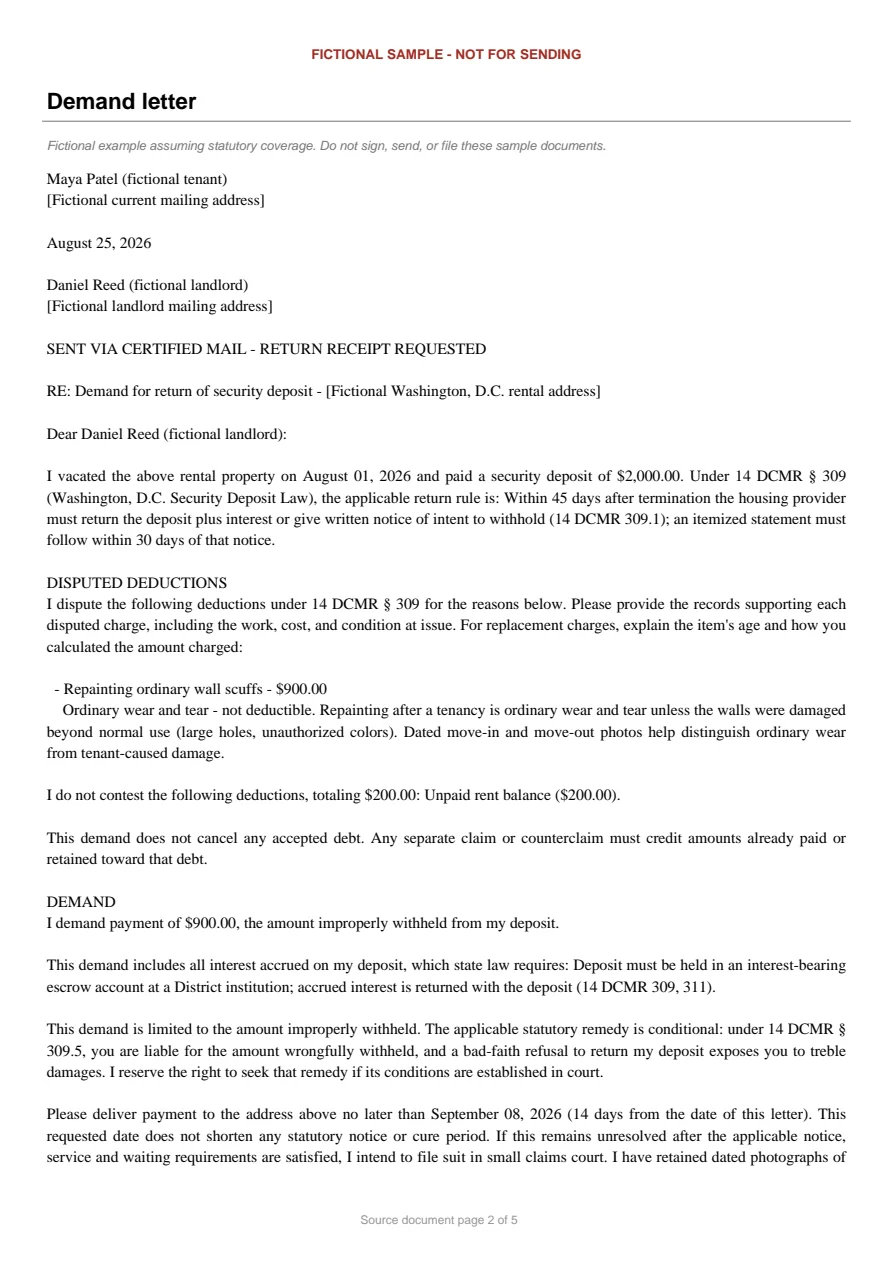 Washington, D.C. sample demand letter. An excerpt is transcribed below.