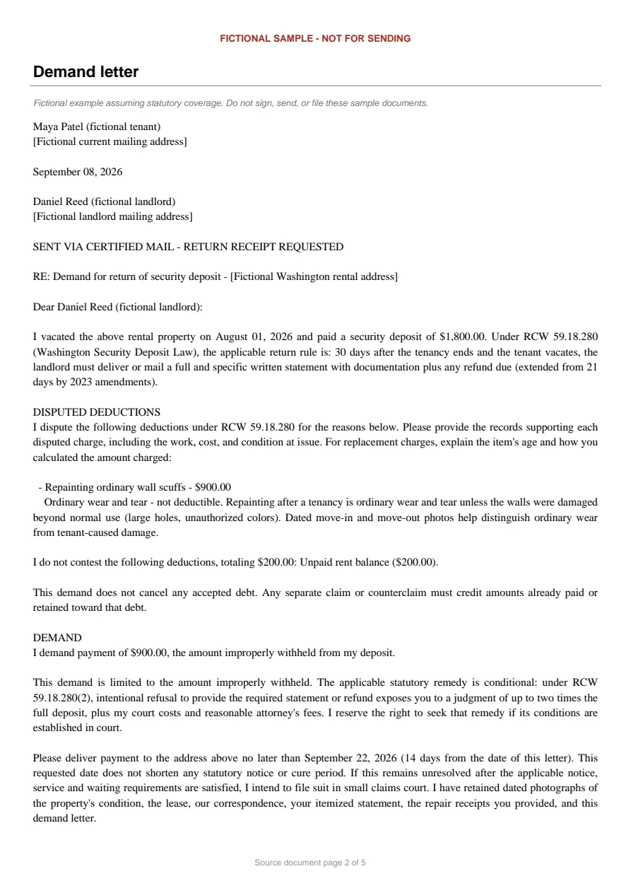 Washington sample demand letter. An excerpt is transcribed below.