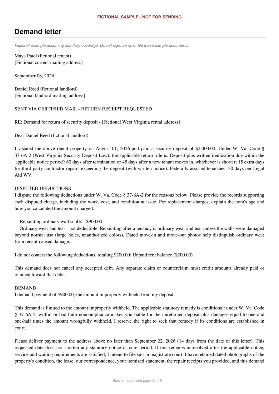 West Virginia sample demand letter. An excerpt is transcribed below.