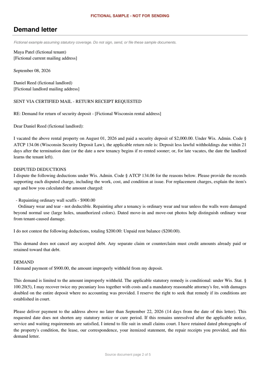 Wisconsin sample demand letter. An excerpt is transcribed below.