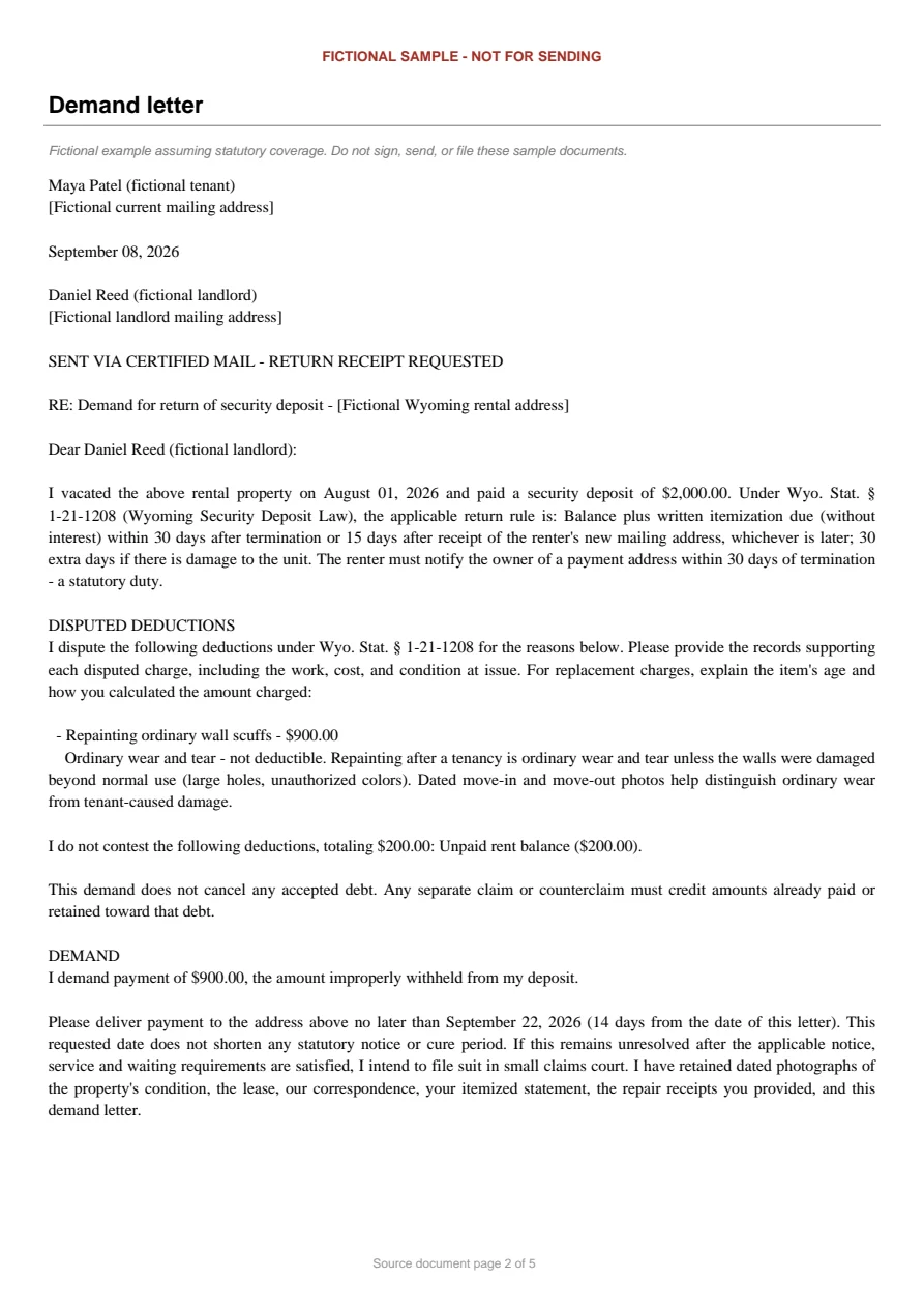 Wyoming sample demand letter. An excerpt is transcribed below.
